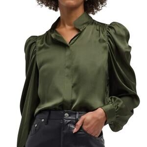 ♥️ FRAME Gillian Puff Sleeve Silk Shirt Surplus Green Long Sleeve Size M
